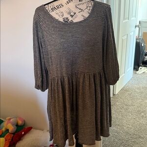 Free People Beach Jess Stripe Tunic Mini Dress Size M Gray Boho 3/4 Sleeve
